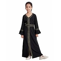 Girls Muslim Abaya Flare Sleeve Zip Maxi Dress Islamic Prayer V Neck Embroidered Full Length Ramadan Eid Robe with Bet
