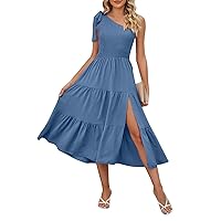 Women's Wedding Guest Dresses Summer Solid Colour Square Neck Backless Bubble Sleeve Pleated Short Dresses, S-XL