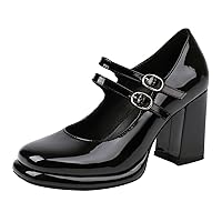 Women's Chunky Heels Platform Mary Janes Square Toe Pumps 3 Strap Patent Leather Block High Heel Dress Shoes