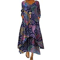 ZOCAVIA Womens Sexy Boho Dress Gray Retro Floral Crewneck Button Down Maxi Dresses Elegant Long Sleeve Tunic Dress Ethnic Wear for Women,Paisley-Purple 5XL