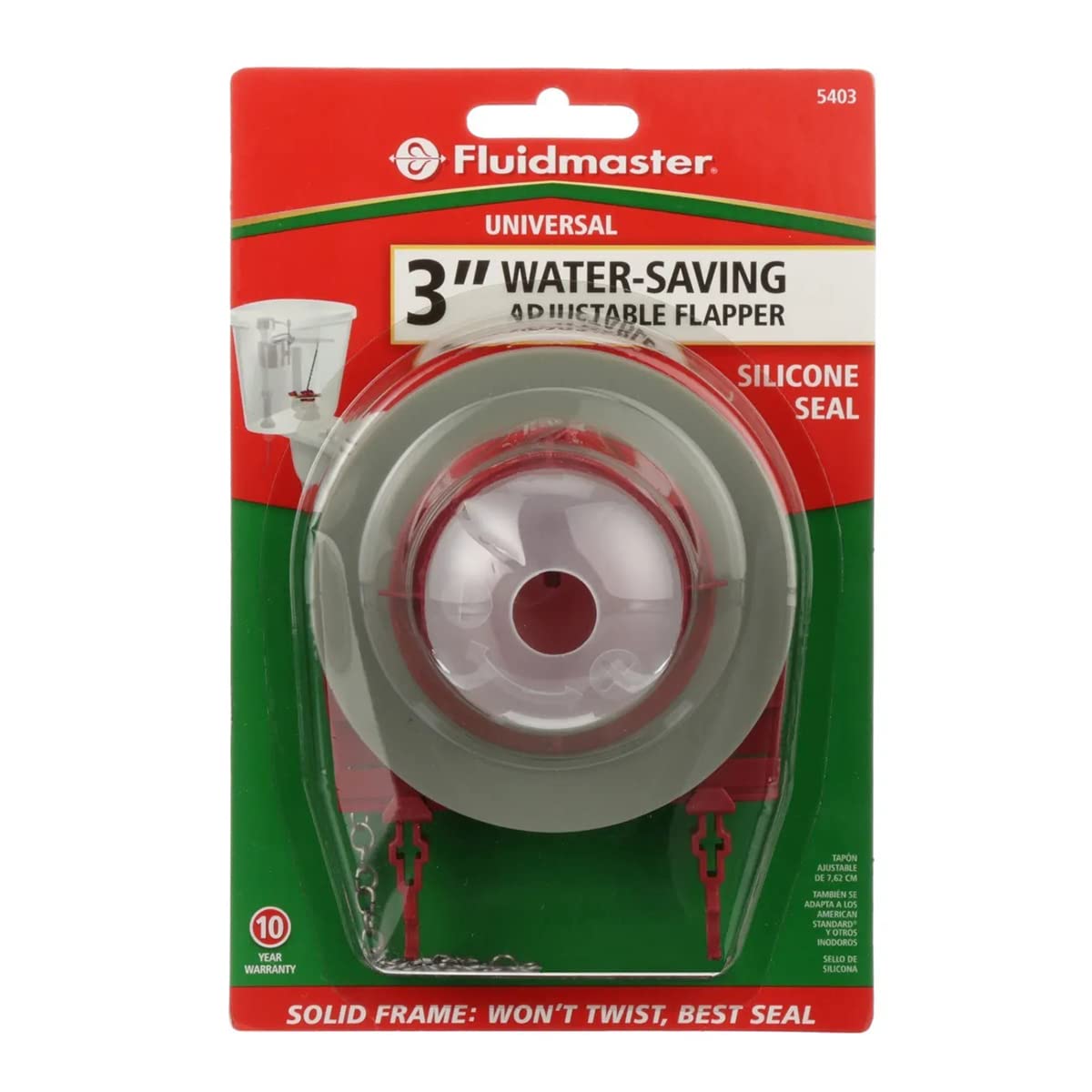 Fluidmaster 5403 Water-Saving Long Life Toilet Flapper for 3-Inch Flush Valves, Adjustable Solid Frame Design, Easy Install (Red)