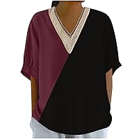 Women Color Block Cotton Linen Shirts Fashion Guipure Lace V Neck Short Sleeve Tee Tops Summer Casual Loose Blouses