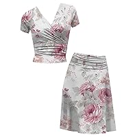 Ashowlaco Plus Size Summer Dresses 2 Peice Dress Set,Elegant Flower Print Short Sleeve Dresses Women Fashion