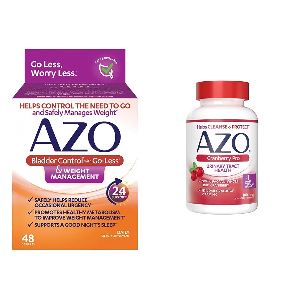 AZO Bladder Control with Go-Less & Weight Management Dietary Supplement, 48 Count + Cranberry Pro Urinary Tract Health Supplement 600mg PACRAN, 1 Serving = More Than 1 Glass of Cranberry Juice 100 CT