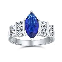 Bling Jewelry Personalize Vintage Estate Art Deco Style Halo Blue Simulated Sapphire Marquise Oval Solitaire Engagement Ring For Women .925 Sterling Silver Customizable