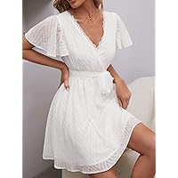 Summer Dresses for Women 2022 Jacquard Lace Trim Butterfly Sleeve Belted Chiffon Dress Dresses for Women (Color : White, Size : Small)