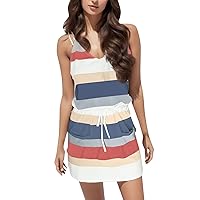 Womens Casual Summer Dresses 2024 Trendy Short Mini Dress Color Block Spaghetti Strap Sleeveless Striped Dress