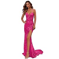 Hot Pink Mermaid Prom Dresses Long for Women Spaghetti Straps V-Neck Sequin Ball Gowns with Slit Size 2