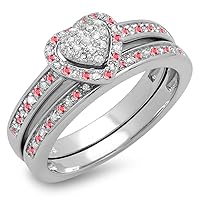 Dazzlingrock Collection Round Ruby & White Diamond Ladies Heart Shaped Bridal Engagement Ring Set, Sterling Silver