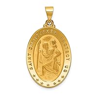 Solid Saint Christopher Protect Us Words on Oval Medal Pendant in Real 14k Gold