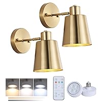 Battery Operated Wall Sconce Set of Two,Gold Modern with Remote Control Dimmable Wall Lighting Indoor, Not Hardwired Led Wall Lamp Fixtures for Bedroom, Bulb Included