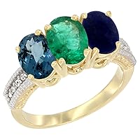 14K Yellow Gold Natural London Blue Topaz, Emerald & Lapis Ring 3-Stone 7x5 mm Oval Diamond Accent, Sizes 5-10