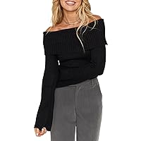 Women Off Shoulder Sweater Top Y2K Long Sleeve Ribbed Knit Crop Top Fitted Shirt Streetwear