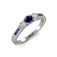 Blue Sapphire and Diamond 3 Stone Ring with Side Blue Sapphire 0.85 ct tw in 14K White Gold