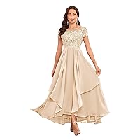 Chiffon Lace Mother of The Bride Dresses for Wedding Long Ruffle Short Sleeve Formal Evening Gown