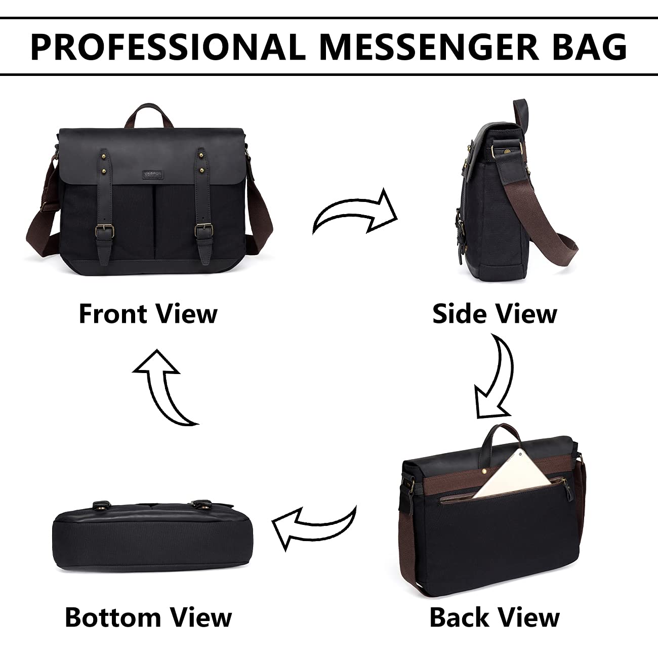 VASCHY Black Leather Canvas Messenger Bag for Men, Vintage Satchel 15.6 inch Laptop Business Briefcase Shoulder Bag with Top Lift Handle