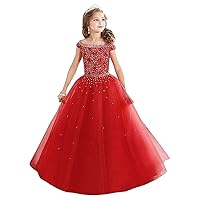 VeraQueen Girl's Off Shoulder Long Pageant Dresses Princess Tulle Beaded Straps Birthday Party Dress