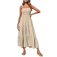 cybermonday Deals Women's Summer Maxi Dresses, Bohemian Dress for Wedding Guest, Boho Sleeveless Smocked High Waisted Beach Dress Robe Sexy Khaki