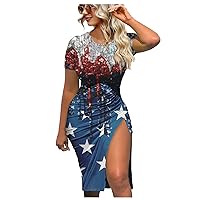 TWGONE 4th of July Outfits for Women Sexy American Flag Dress Summer Party Club Bodycon T Shirt Dress with Slit
