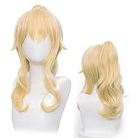 Blonde Princess Jean Cosplay Wig with Elf Ears for Women Girls, Golden Wavy Wig with Clip-On Ponytail Princess Hair Halloween Costume Wig + Wig Cap (Jean-Golden)