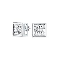 Geometric Round Square AAA CZ Cubic Zirconia Bezel Set Checkboard Invisible Cut Stud Earrings For Men .925 Sterling Silver 5 7 8 9 10 MM