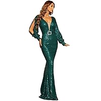 Women's Dress Dresses for Women Mesh Insert Split Sleeve Rhinestone Buckle Sequins Prom Dress Dresses (Color : Dark Green, Size : Medium)