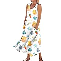 Pink Easter Dress Women Easter Dress for Women 2024 Bunny Print Casual Loose Fit Spaghetti Strap with U Neck Sleeveless Flowy Dresses Orange XX-Large