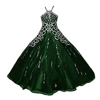 Girl's Princess Halter Sequins Sleeveless Pageant Dresses A Line Organza Beaded Ball Gowns Flower Girl Dress Green