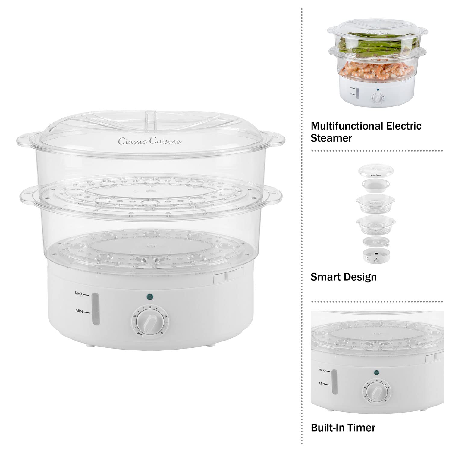 Classic Cuisine Food Steamer and Rice Cooker in one, Two-Tier Food Steamer for Healthy Meals anytime, cooks Vegetables, Fish, Dumplings, Eggs and more, 6.3 QT, Clear