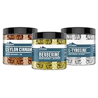Berberine, Ceylon Cinnamon, & L-Tyrosine Capsule Bundle (200 Capsules Each), Pure & Undiluted, No Additives
