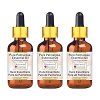 Pure Palmarosa Essential Oil (Cymbopogon martinii) with Glass Dropper Steam Distilled (Pack of Three) 100ml X 3 (10.1oz)