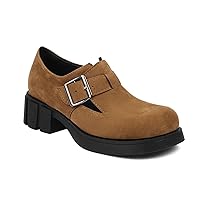 Women's Faux Suede Platform Oxfords Round Toe Buckle Chunky Mid Heel Casual Slip On Dress Loafer Shoes Brown