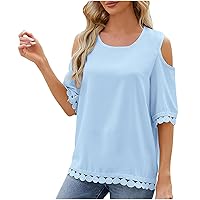 Cold Shoulder Oversized Tshirt Tops Womne Cut Out Shoulder Lace Crochet Shirts Half Sleeve Crewneck Casual Blouse