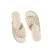Verdusa Women's Open Toe Slide Sandals Pearls Cross Strap Summer Sandals Flats