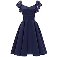 Women's Dress Lace V Neck Retro Ruffle Sleeve Slim Style Elegant Cocktail Evening for Party (Color : Dark Blue, Size : Small)