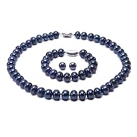 JYX Pearl Necklace Set AA+ 9-10mm Blue Freshwater Cultured Pearl Necklace Bracelet and Earrings Set for Women