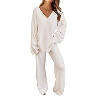MEROKEETY Women's 2 Piece Outfits Fuzzy Fleece Pajama Set Long Sleeve Top Wide Leg Pants Loungewear