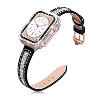 for Bling Apple Watch Band Women 40mm 41mm 44mm with Screen Protector Case, Slim Stylish Leather Replacement Straps with Clear Diamond Case for iWatch Bands Series 9 8 7 6 5 4 SE