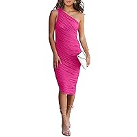 PRETTYGARDEN Women's Ruched Bodycon Dress 2024 Summer One Shoulder Sleeveless Party Cocktail Pencil Dresses