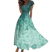 Dresses for Women Summer Elegant Flowy Sundresses V Neck Trendy Short Sleeves Beach Dress Floral Print Maxi Dress