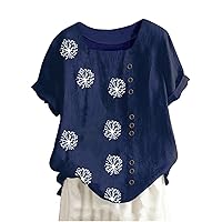 Cotton Linen Tops for Women Short Sleeve Dandelion Graphic Print Square Neck Vintage Blouse Shirts Loose Tunic Tops