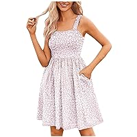 Sales Today Clearance Sleeveless Floral A-line Dress for Women Casual Summer Cute Swing Dress Square Neck Boho Mini Sundress with Pocket Robe Longue