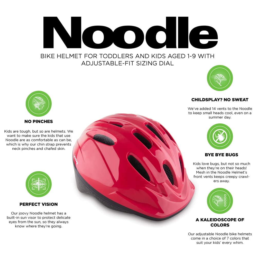Joovy Noodle Bike Helmet for Toddlers and Kids Aged 1-9 with Adjustable-Fit Sizing Dial, Sun Visor, Pinch Guard on Chin Strap, and 14 Vents to Keep Little Ones Cool (Small, Red)
