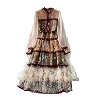 Women Long Lantern Sleeve Tulle Mesh Dress Floral Embroidery Stitching High Waist Bow Deco Party Dress