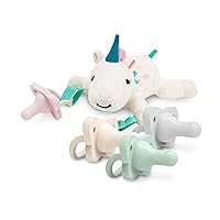 Dr. Brown’s HappyPaci 100% Silicone Baby Pacifier 0-6m, BPA Free 4-Pack with Lovey Soft Plush Animal Teether Holder, Unicorn