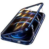 Magnetic Clear Case for iPhone 12 Glass Case with Camera Lens Protector Cover Built-in Touch Sensitive Anti-Scratch Screen Protector Safety Lock Metal Bumper Case (iPhone12, Blue)
