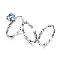 Aquamarine Wedding Ring Set 7mm Round Stone Art Deco Milgrain Diamond Wedding Band Open Eternity Band