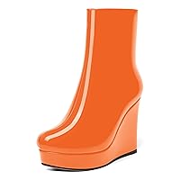 Womens Patent Ankle High Boots Sexy Zip Platform Solid Round Toe Wedge High Heel Mid Calf Boots 4 Inch