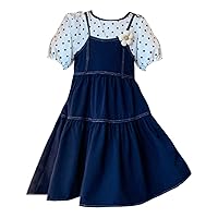 Girls' Summer New Round Neck Bubble Sleeve Flower Dot Print Splice Fashion Dress Belle Dress