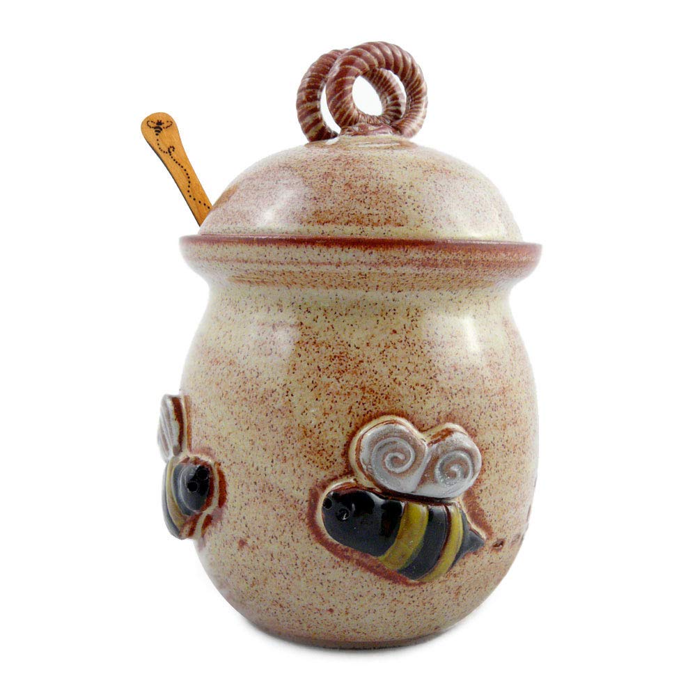 Bee 20-ounce Stoneware Honey Pot Pottery Jar with Cherry Wood Honey Stick, American Made